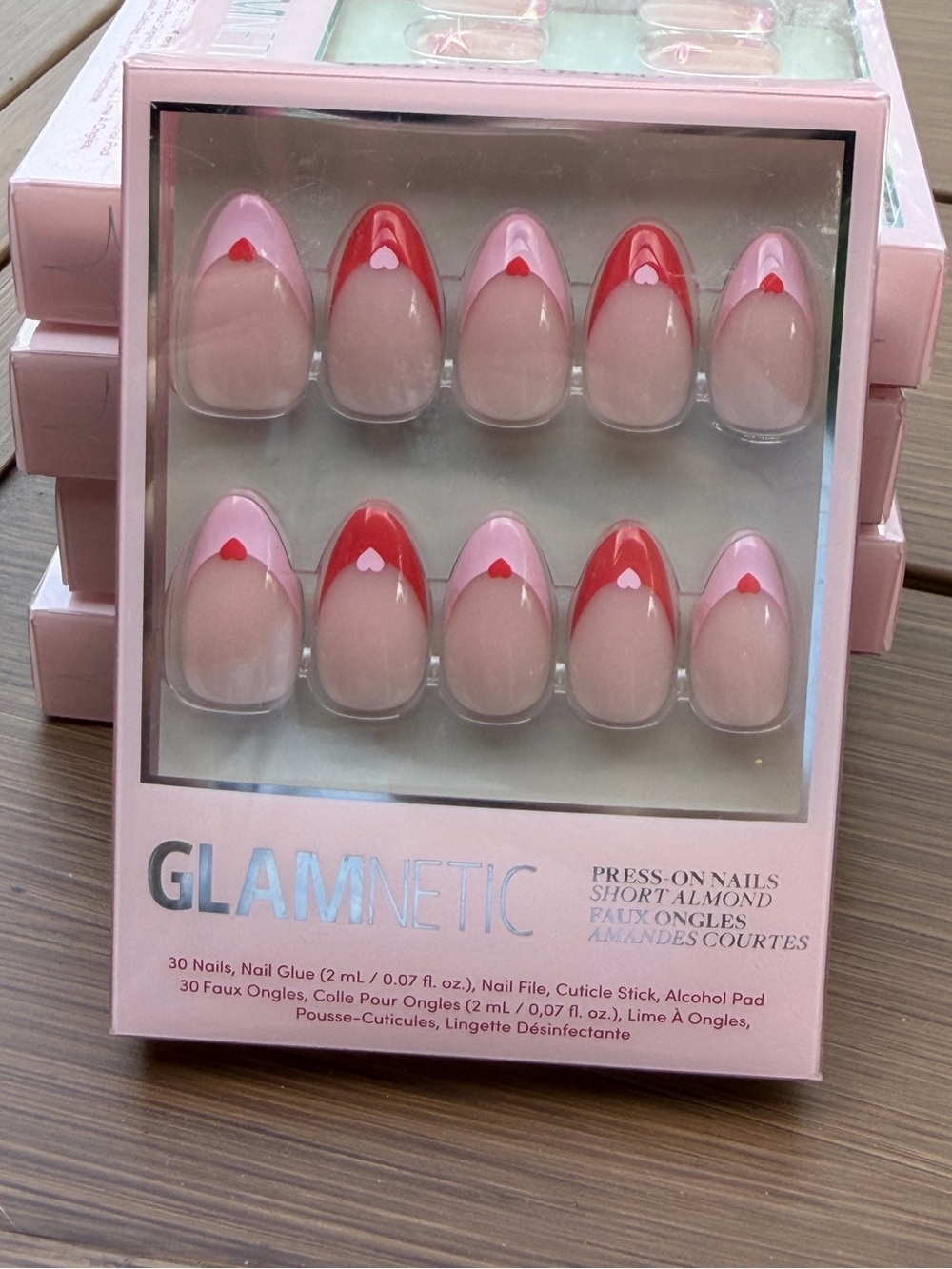 Glamnetic Pure Hearted Press-On Nails Short Almond Pink Red Hearts NIB